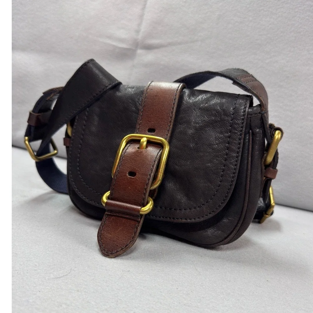 Fossil Long Live Vintage 1954 Brown Leather Crossbody Saddle Bag Brass Buckle